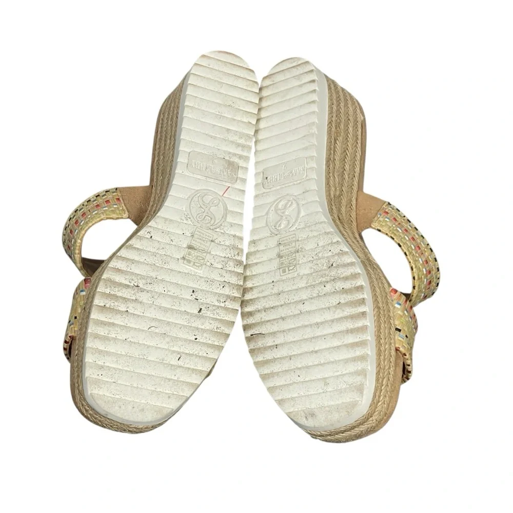 Sam & Libby Charlee Raffia Tan Strap Slip On Wedge Shoe Sandal Sz 9
